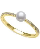 Belle de Mer Cultured Freshwater Button Pearl (4mm) & Lab-Created White Sapphire (1/4 ct. t.w.) in 14k Gold-Plated Sterling Silver