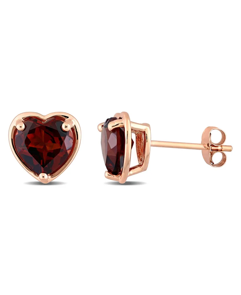 14K Rose Gold Plated Garnet Heart Stud Earrings