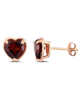 14K Rose Gold Plated Garnet Heart Stud Earrings
