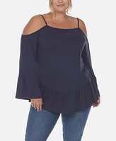 White Mark Plus Cold Shoulder Ruffle Sleeve Top