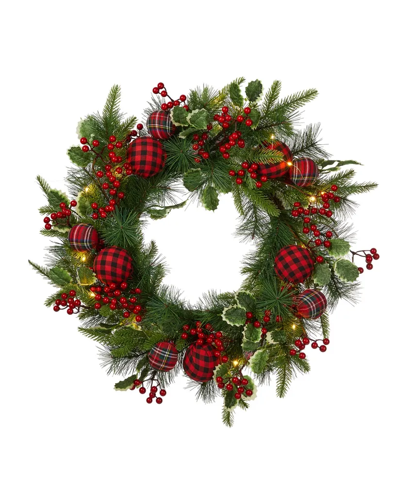 Glitzhome 24" Ornament Berry Holly Pine Wreath with Lights