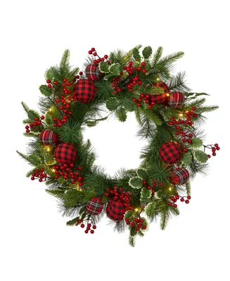 Glitzhome 24" Ornament Berry Holly Pine Wreath with Lights