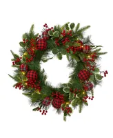 Glitzhome 24" Ornament Berry Holly Pine Wreath with Lights