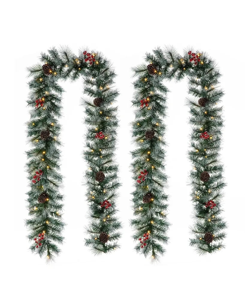 Glitzhome 9' Pre-Lit Greenery Pine Cones and Berries Christmas Garland, with 50 Warm White Lights Set, 2 Piece