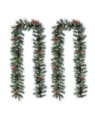 Glitzhome 9' Pre-Lit Greenery Pine Cones and Berries Christmas Garland, with 50 Warm White Lights Set, 2 Piece