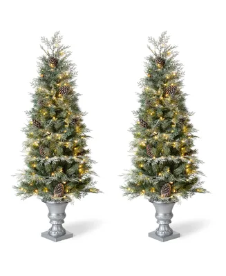 Glitzhome 5' Pre-Lit Pine Artificial Christmas Porch Tree with 180 Warm White Lights and Pine Cones Set, 2 Piece