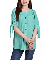 Petite Elbow Sleeve Tie-Sleeve Blouse