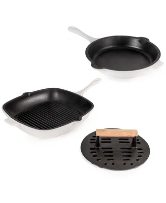 Neo Cast Iron Fry Pan, Grill Pan and Slotted Steak Press, Set of 3