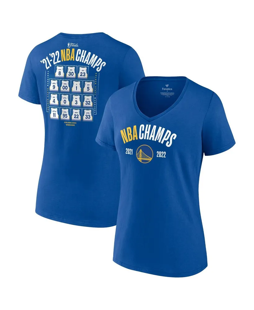 Women's Fanatics Royal Golden State Warriors 2022 Nba Finals Champions Final Buzzer Jersey Roster V-Neck T-shirt