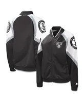 Women's Starter Black, Silver Brooklyn Nets Fan Girl Satin Raglan Full-Zip Jacket