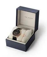 Ted Baker Women's Phylipa Beehive Black Leather Strap Watch 37mm and Bracelet Gift Set