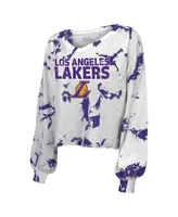 Women's Majestic Threads White Los Angeles Lakers Aquarius Tie-Dye Cropped V-Neck Long Sleeve T-shirt