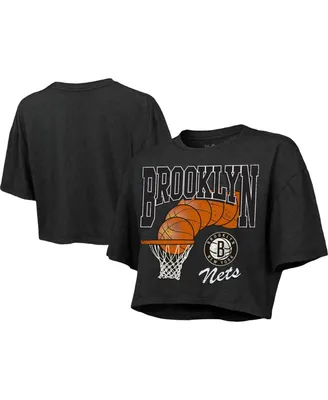 Women's Majestic Threads Charcoal Brooklyn Nets Bank Shot Cropped T-shirt