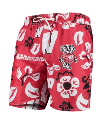 Men's Wes & Willy Red Wisconsin Badgers Floral Volley Swim Trunks