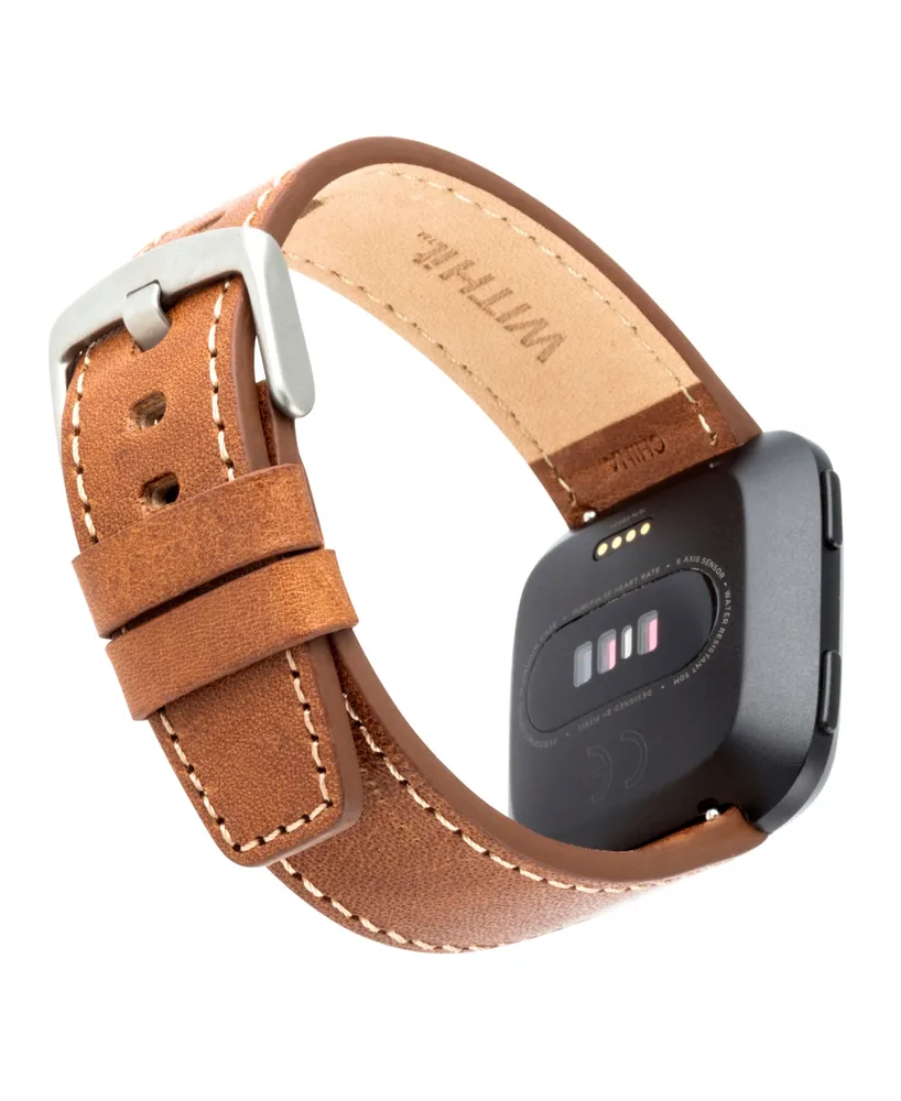 WITHit Brown Premium Leather Band with White Stitching Compatible with the Fitbit Versa and Fitbit Versa 2