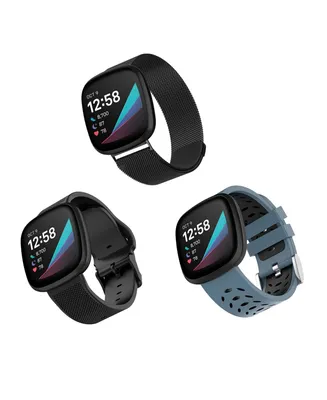 WITHit Black Stainless Steel Mesh Band, Bluestone and Black Premium Sport Silicone Band and Black Woven Silicone Band Set, 3 Pc Compatible with the Fi