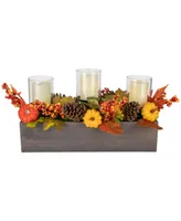 Pumpkin Berry and Pine Cone Fall Harvest Triple Pillar Candle Holder, 27"