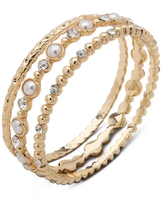 Anne Klein Gold-Tone 3-Pc. Set Crystal & Imitation Pearl Bangle Bracelets