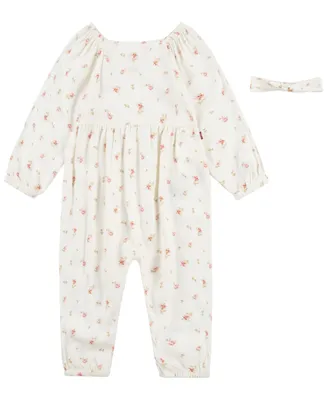 Baby Girls Long Sleeve Floral Jumpsuit and Headband, 2 Piece Set