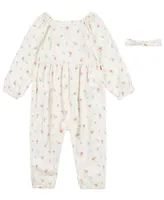 Baby Girls Long Sleeve Floral Jumpsuit and Headband, 2 Piece Set