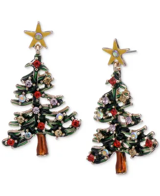 Holiday Lane Gold-Tone Multicolor Crystal Christmas Tree Drop Earrings, Created for Macy's