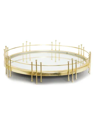 Classic Touch Round Mirror Tray with Symmetrical Design - Gold