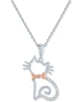 Diamond Accent Cat with Bowtie Pendant Necklace in Sterling Silver & 14k Rose Gold-Plate, 16" + 2" extender