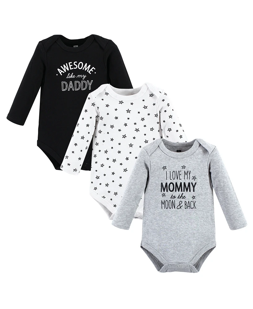 Hudson Baby Baby Boys Hudson Cotton Long-Sleeve Bodysuits, Mom Dad Moon Back, 0-3 Months