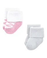 Luvable Friends Baby Girls Newborn Terry Socks, Pink Black Ballet 12-Pack