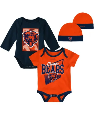 Newborn and Infant Boys Girls Orange, Navy Chicago Bears Victory Formation Throwback Three-Piece Bodysuit Knit Hat Set