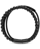 Men's Onyx & Lava Bead Triple Row Braided Leather Bracelet Black Ion-Plated Stainless Steel (Also Onyx/Sodalite)