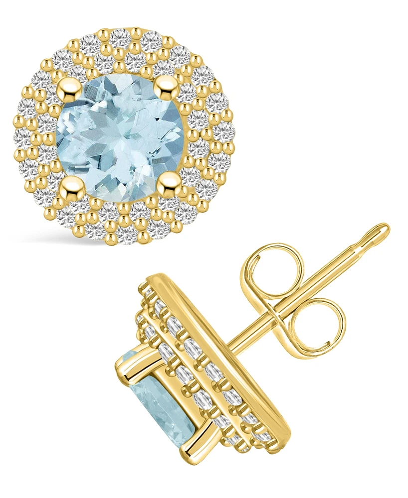Macy's Aquamarine (1-1/2 ct. t.w.) and Diamond (1/2 ct. t.w.) Halo Stud Earrings in 14K Yellow Gold
