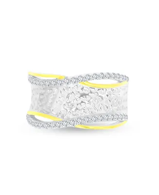 Cubic Zirconia Two Tone Hammered Criss Cross Ring