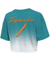 Women's Majestic Threads Tua Tagovailoa Aqua, White Miami Dolphins Drip-Dye Player Name and Number Tri-Blend Crop T-shirt