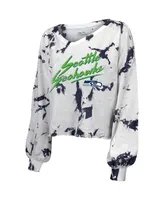 Women's Majestic Threads Dk Metcalf White Seattle Seahawks Off-Shoulder Tie-Dye Name and Number Long Sleeve V-Neck Crop-Top T-shirt