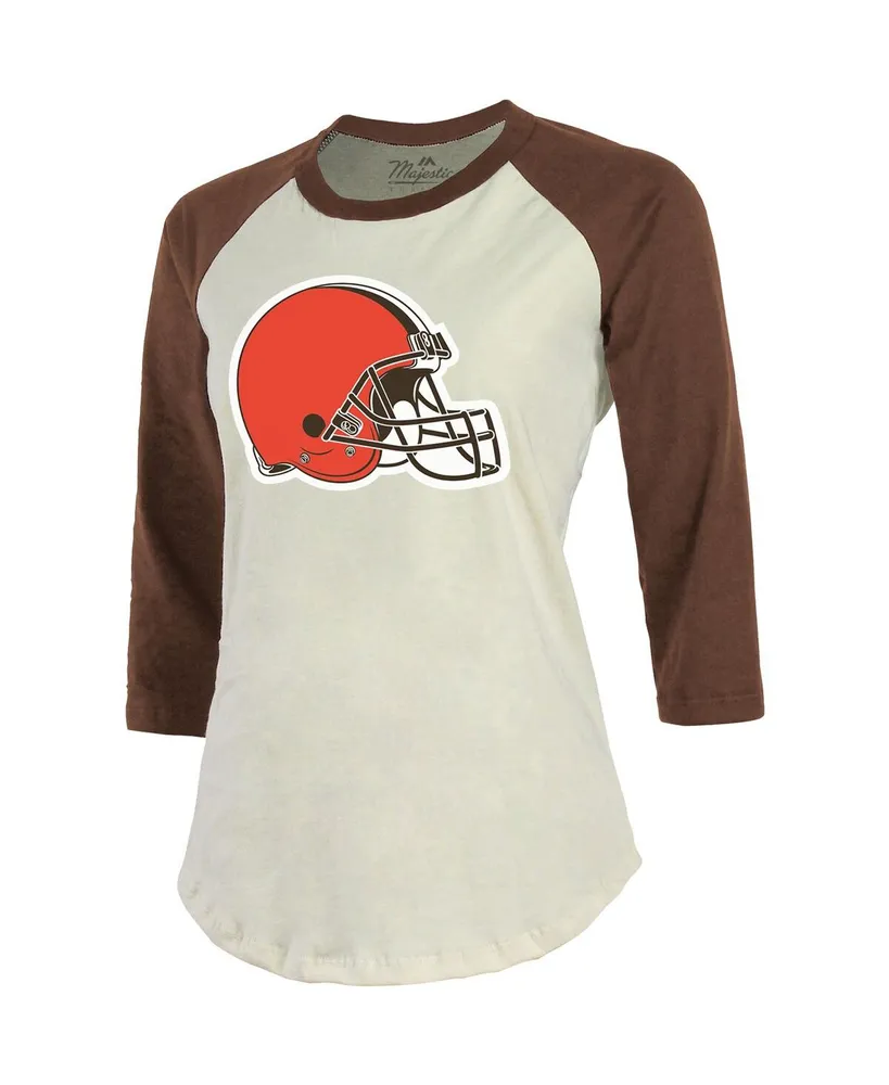Women's Majestic Threads Nick Chubb Cream, Brown Cleveland Browns Player Name and Number Raglan 3/4-Sleeve T-shirt