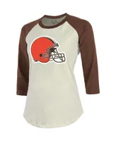 Women's Majestic Threads Nick Chubb Brown Cleveland Browns Name & Number  Off-Shoulder Script Cropped Long Sleeve V-Neck T-Shirt