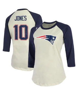 Women's Majestic Threads Mac Jones Cream, Navy New England Patriots Player Name and Number Raglan 3/4-Sleeve T-shirt