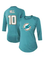 Women's Majestic Threads Tyreek Hill Aqua Miami Dolphins Name & Number Raglan 3/4 Sleeve T-shirt