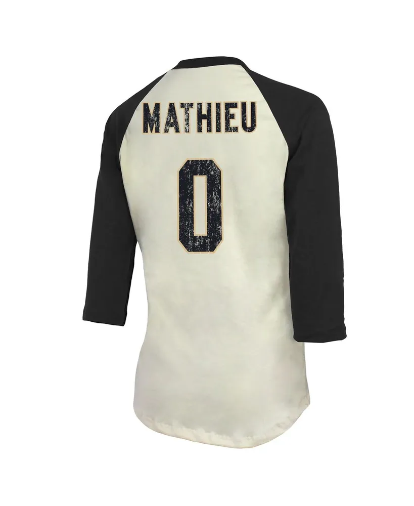 Women's Majestic Threads Tyrann Mathieu Cream, Black New Orleans Saints Name & Number Raglan 3/4 Sleeve T-shirt