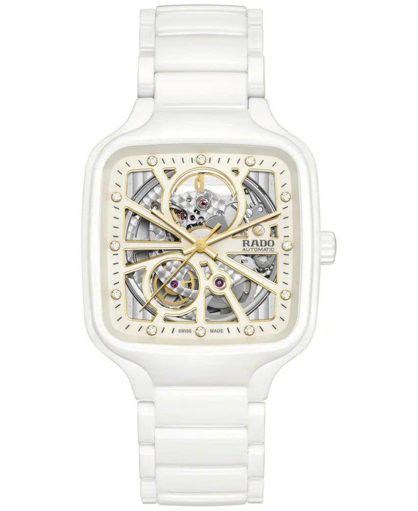 Rado Women's Swiss Automatic True Square Diamond (1/10 ct. t.w.) White Ceramic Bracelet Watch 38mm