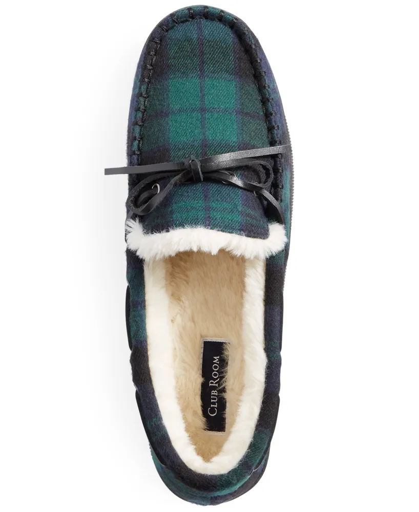 Club Room Men's Plaid Moccasin Slippers with Faux-Fur Lining, Created for Macy's