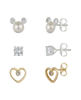 Disney Cubic Zirconia Mickey Mouse Earring in 14K Gold Flash Plated Set 3 Piece - Gold Two