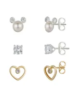 Disney Cubic Zirconia Mickey Mouse Earring in 14K Gold Flash Plated Set 3 Piece - Gold Two