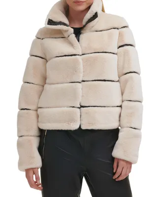 Karl Lagerfeld Paris Womens Faux-Leather Trim Faux-Fur Short Coat