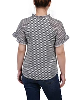 Ny Collection Petite Chiffon Short Ruffled Sleeve Crepe Knit Top