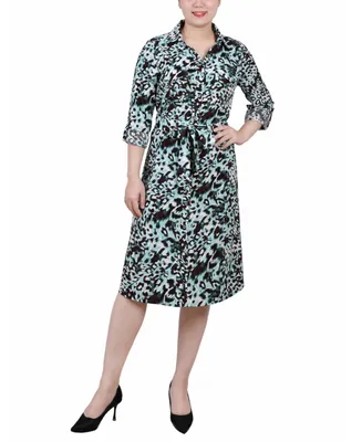 Ny Collection Petite Printed Long Sleeve Roll Tab Shirtdress