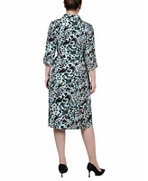 Ny Collection Petite Printed Long Sleeve Roll Tab Shirtdress