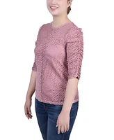 Ny Collection Petite Rouched Sleeve Lace Top