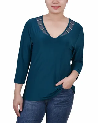 Ny Collection Petite 3/4 Sleeve Top with Illusion Neckline and Stones